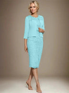 Sheath/Column Scoop Knee-Length Chiffon Lace Mother of the Bride Dress With Beading