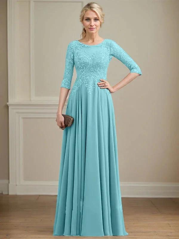 A-line Scoop Illusion Floor-Length Lace Chiffon Mother of the Bride Dress With Sequins