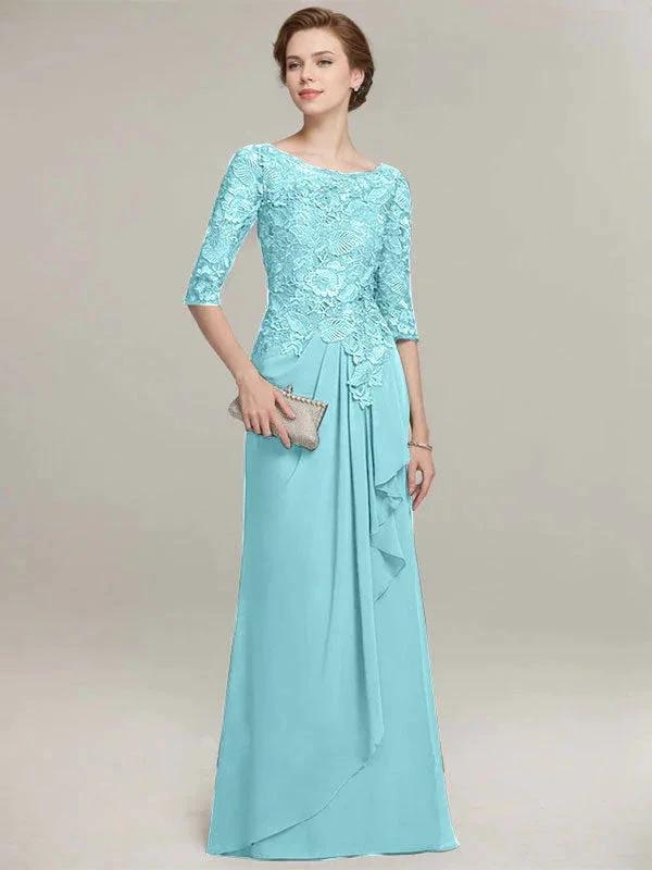 A-line Scoop Illusion Floor-Length Lace Chiffon Mother of the Bride Dress With Cascading Ruffles