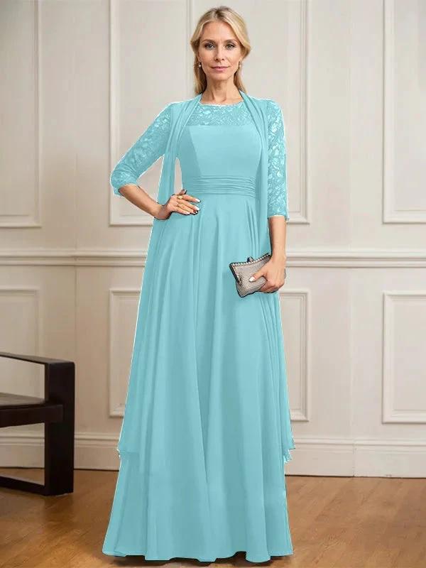 A-line Scoop Illusion Floor-Length Lace Chiffon Mother of the Bride Dress With Pleated