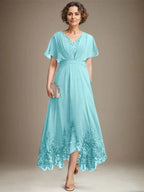 A-line V-Neck Asymmetrical Lace Chiffon Mother of the Bride Dress With Pleated