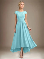 A-line Scoop Illusion Asymmetrical Lace Chiffon Mother of the Bride Dress With Pleated