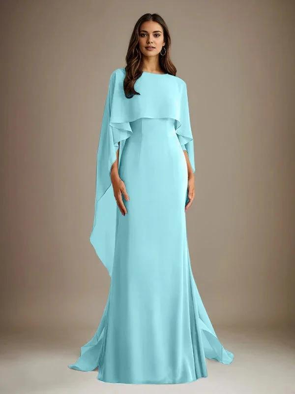 Sheath/Column Boatneck Floor-Length Chiffon Mother of the Bride Dress With Cascading Ruffles