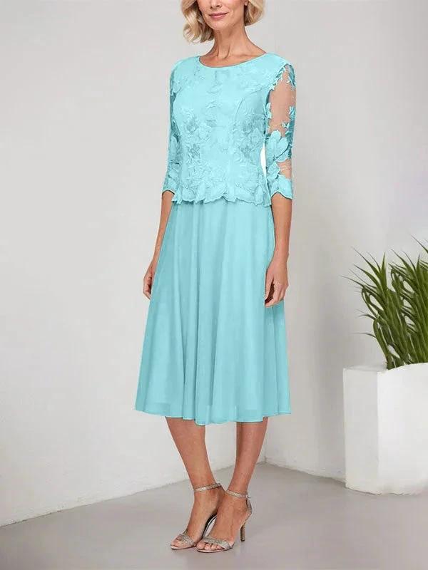 A-line Scoop Tea-Length Lace Chiffon Mother of the Bride Dress With Embroidery