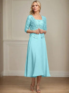 A-line Square Tea-Length Chiffon Lace Mother of the Bride Dress With Sequins Beading