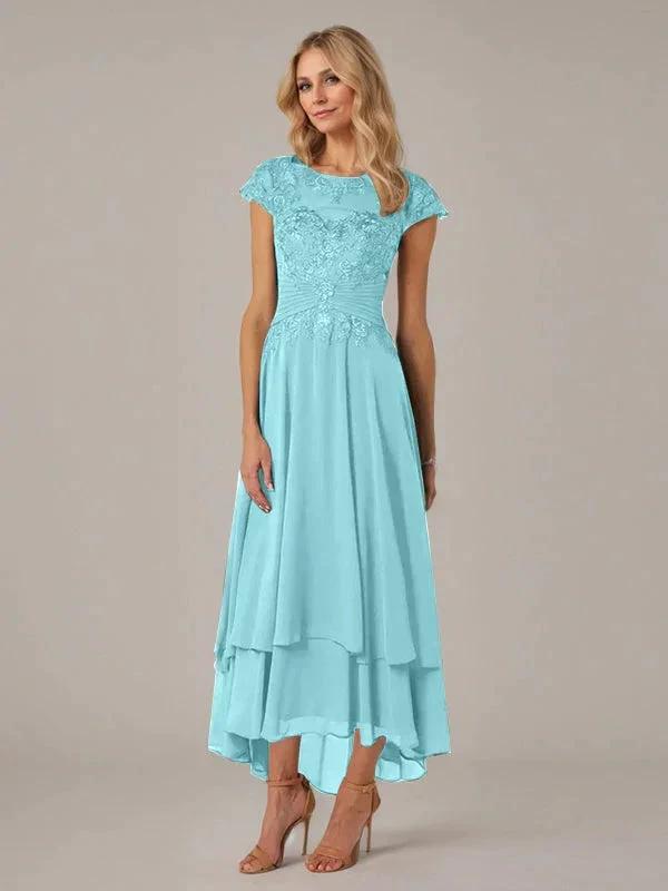 A-line Boat Neck Illusion Asymmetrical Chiffon Lace Mother of the Bride Dress With Applique Pleats