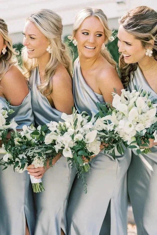 Asymmetrical Ruffle One Shoulder Bridesmaid Dresses with Slit BD141
