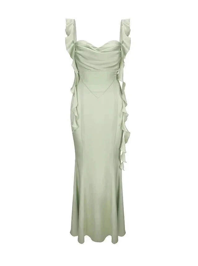 Elegant Summer Ruffle Ribbon Slip Backless Sexy Dress For Women Chic Ruched Slim Evening Dress Y7390