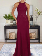 Dusty Blue Sheath Halter Long Mother of Bride Dress With Appliques