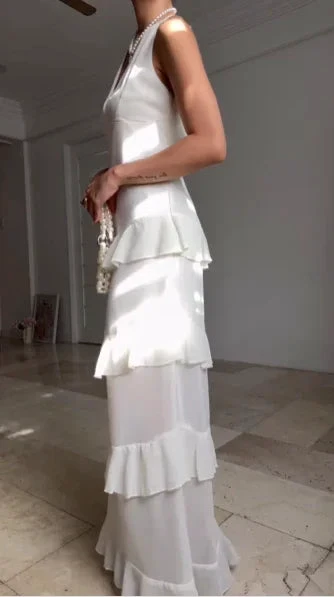 Simple White V Neck Chiffon Ruffle Prom Dress Backless Long Evening Dress Y8500