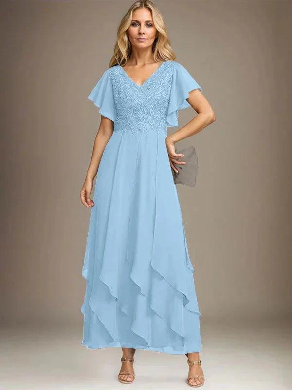 A-line V-Neck Ankle-Length Lace Chiffon Mother of the Bride Dress With Cascading Ruffles