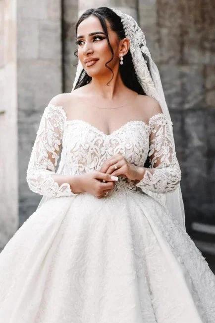 Ball Gown Sweetheart Long Sleeve Floor-Length Stain Wedding Dresses with Lace