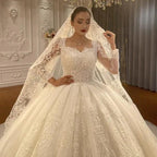 Ball Gown Sweetheart Tulle Long Sleeves Appliques Floor-Length Wedding Dresses with Lace