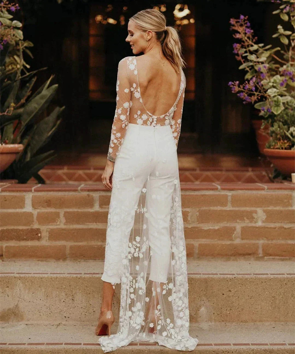 Beach Sexy Open Back Pants Suit Wedding Dresses For Women Applique Lace Long Sleeves Bridal Gowns Cheap New Vestido De Novia