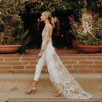 Beach Sexy Open Back Pants Suit Wedding Dresses For Women Applique Lace Long Sleeves Bridal Gowns Cheap New Vestido De Novia