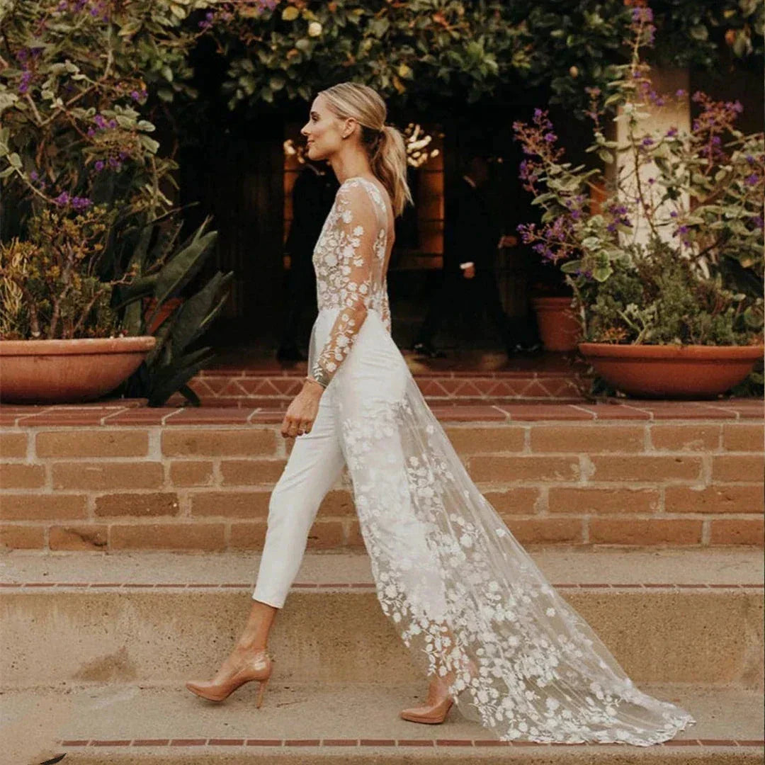 Beach Sexy Open Back Pants Suit Wedding Dresses For Women Applique Lace Long Sleeves Bridal Gowns Cheap New Vestido De Novia