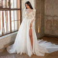 Beautiful Luxury Bohemian High Fork Wedding Dresses A-Line High Neck Lace Tulle Beach Bridal Gown Long Sleeves Sweep Train New