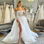 Beautiful Sexy Long Sleeved Wedding Dresses Spaghetti Straps Simple White Backless Pleat High Split Princess Bride Gowns 2024