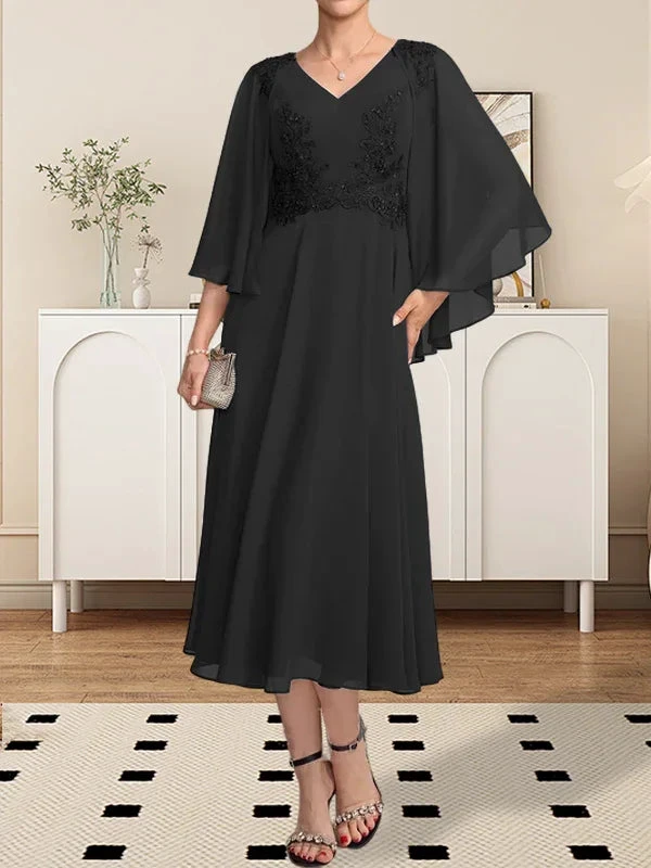 A-line V-Neck Tea-Length Chiffon Lace Mother of the Bride Dress With Beading Sequins
