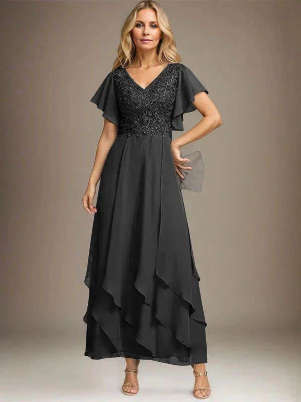 A-line V-Neck Ankle-Length Lace Chiffon Mother of the Bride Dress With Cascading Ruffles