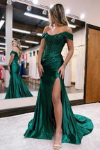 Black Off the shoulder high split mermaid prom dress