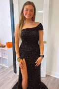 Black One Shoulder Cap Sleeve Sequined Long Party Dress SYP93
