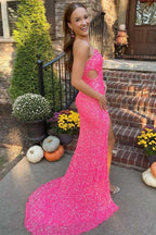 Black One Shoulder Cap Sleeve Sequined Long Party Dress SYP93