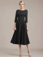 A-line Scoop Tea-Length Lace Chiffon Mother of the Bride Dress
