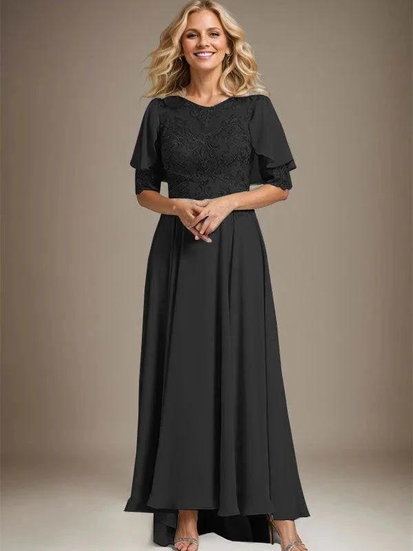 A-line Scoop Illusion Asymmetrical Chiffon Lace Mother of the Bride Dress With Beading