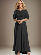A-line Scoop Illusion Asymmetrical Chiffon Lace Mother of the Bride Dress With Beading