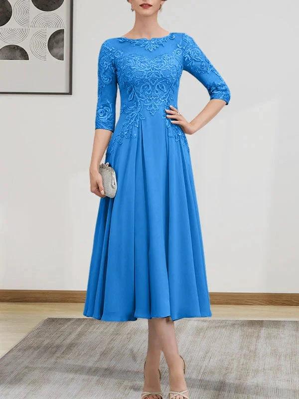 A-line Scoop Illusion Tea-Length Chiffon Lace Mother of the Bride Dress With Beading Sequins