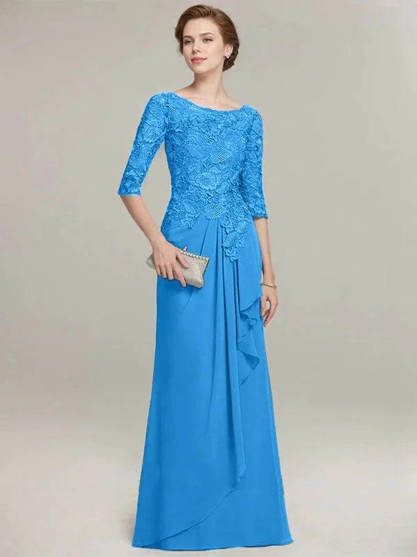 A-line Scoop Illusion Floor-Length Lace Chiffon Mother of the Bride Dress With Cascading Ruffles