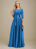 A-line Scoop Illusion Floor-Length Stretch Satin Lace Mother of the Bride Dress With Bow Sequins