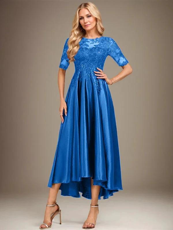 A-line Scoop Illusion Asymmetrical Stretch Satin Lace Mother of the Bride Dress With Sequins
