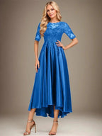 A-line Scoop Illusion Asymmetrical Stretch Satin Lace Mother of the Bride Dress With Sequins