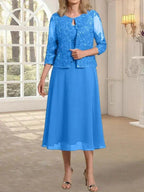 A-line Scoop Tea-Length Lace Chiffon Mother of the Bride Dress With Sequins