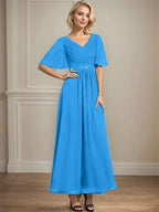 A-line V-Neck Ankle-Length Chiffon Mother of the Bride Dress With Pleated Beading Sequins