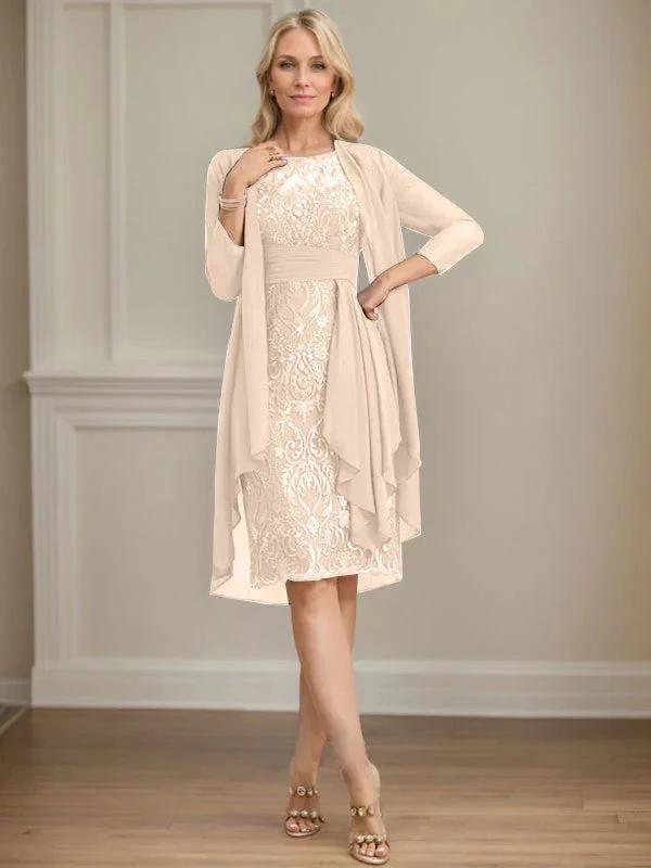 Sheath/Column Scoop Illusion Knee-Length Lace Chiffon Mother of the Bride Dress With Cascading Ruffles Sequins