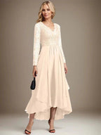 A-line V-Neck Asymmetrical Lace Chiffon Mother of the Bride Dress