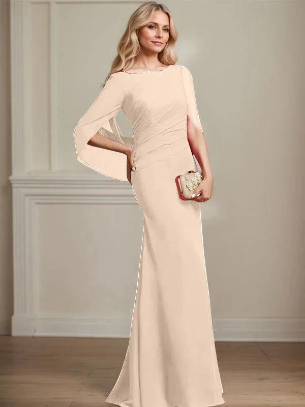 Trumpet/Mermaid Boat Neck Floor-Length Chiffon Mother of the Bride Dress With Pleated