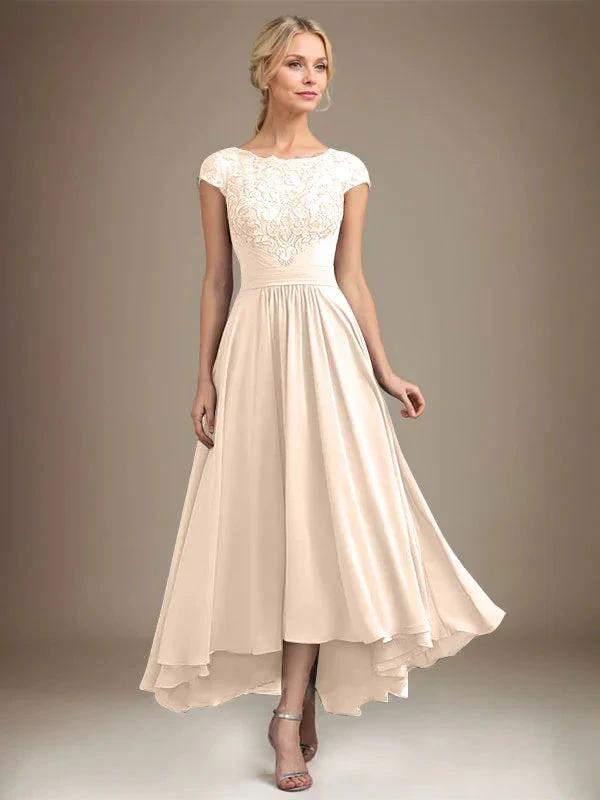A-line Scoop Illusion Asymmetrical Lace Chiffon Mother of the Bride Dress With Pleated