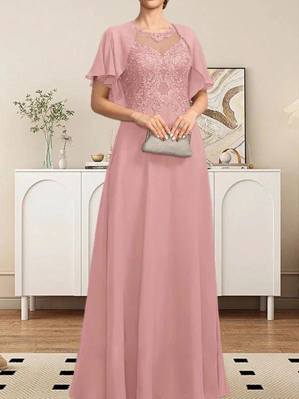 A-line Scoop Illusion Floor-Length Lace Chiffon Mother of the Bride Dress With Sequins