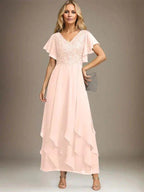 A-line V-Neck Ankle-Length Lace Chiffon Mother of the Bride Dress With Cascading Ruffles