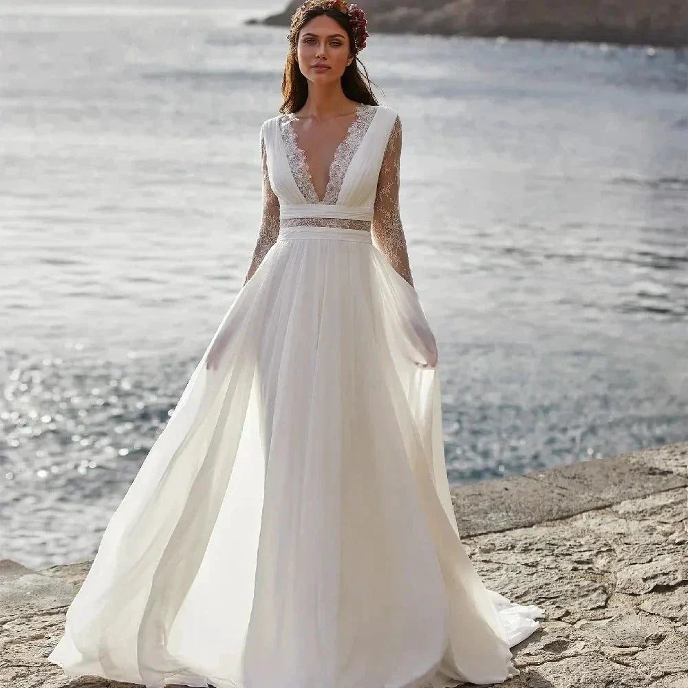 Wedding Dresses A-Line V-Neck Bridal Gowns Long Sleeves Chiffon And Satin Robes For Formal Party 2024 Vestidos De Novia