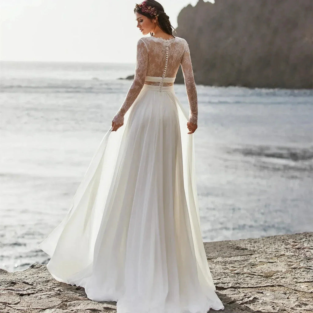 Wedding Dresses A-Line V-Neck Bridal Gowns Long Sleeves Chiffon And Satin Robes For Formal Party 2024 Vestidos De Novia