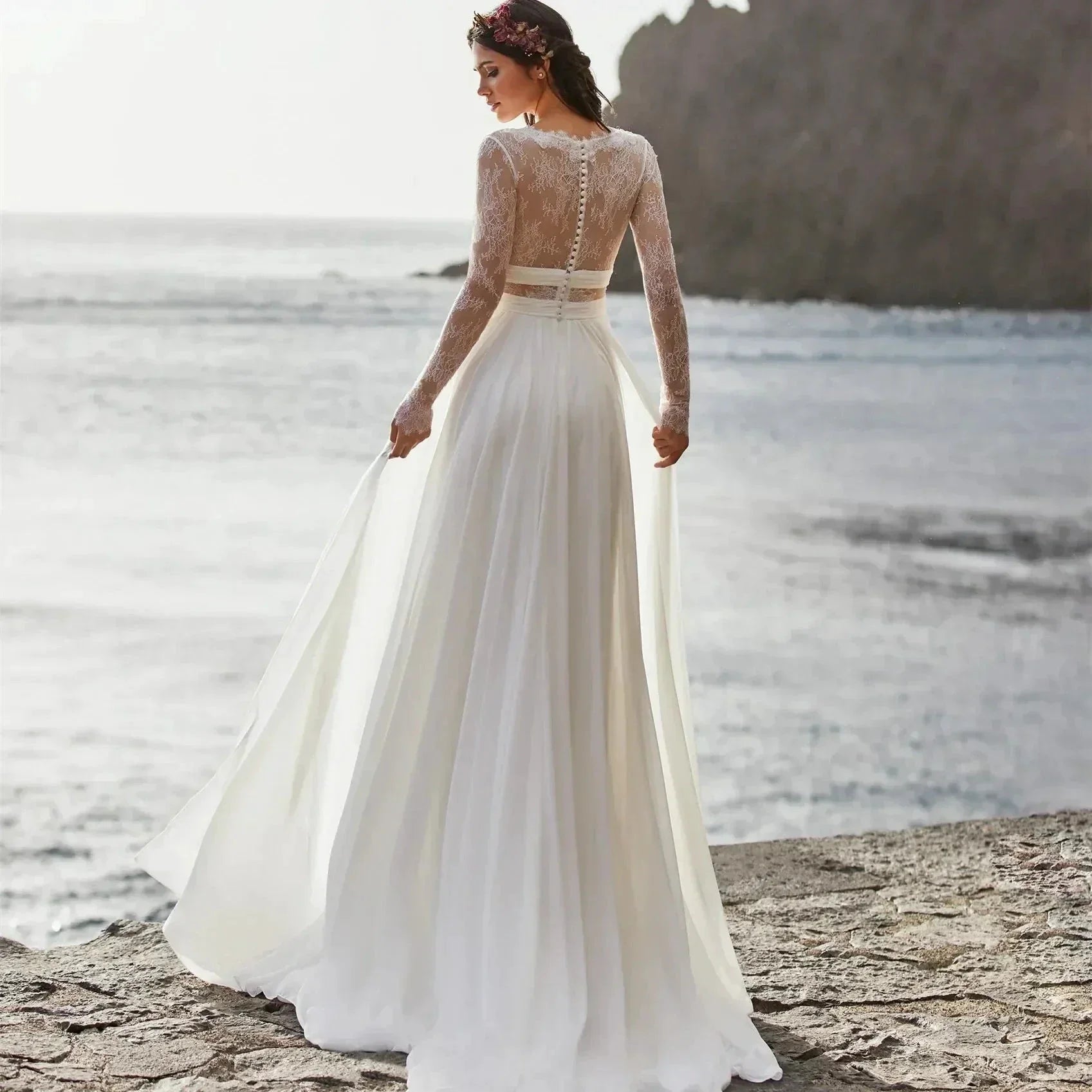 Wedding Dresses A-Line V-Neck Bridal Gowns Long Sleeves Chiffon And Satin Robes For Formal Party 2024 Vestidos De Novia