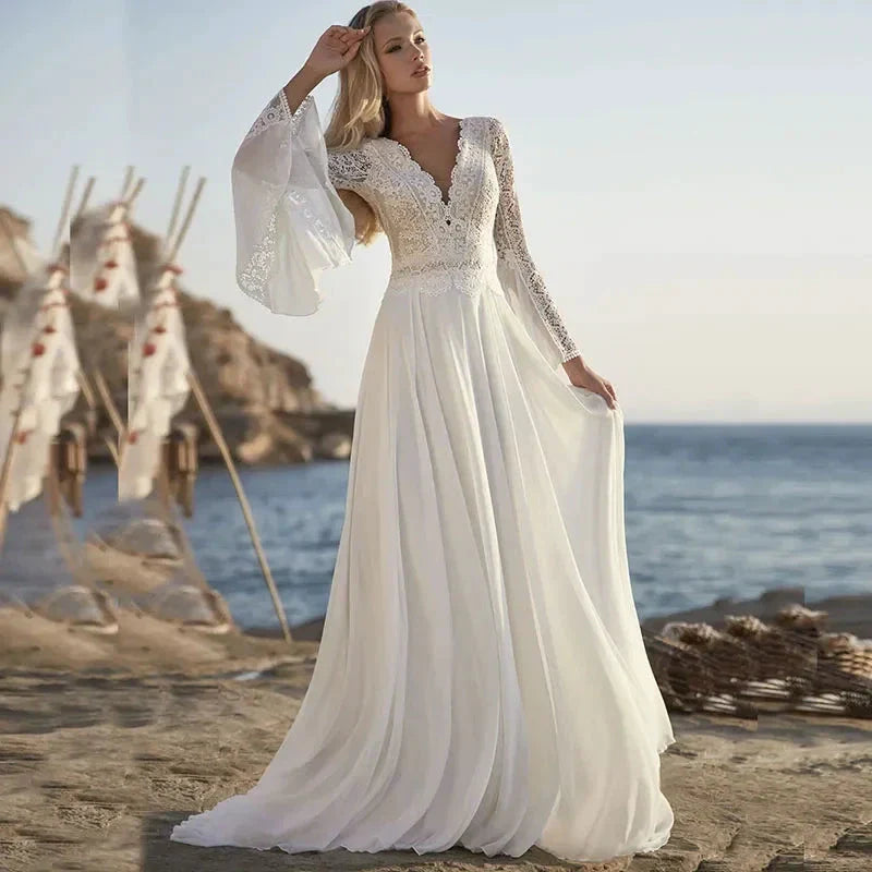 Bohemian A Line Chiffon Wedding Dresses 2024 V Neck Long Sleeve Lace Applique Backless For Women  Bridal Gown Vestidos De Novia