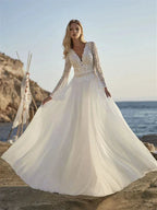 Bohemian A Line Chiffon Wedding Dresses 2024 V Neck Long Sleeve Lace Applique Backless For Women  Bridal Gown Vestidos De Novia