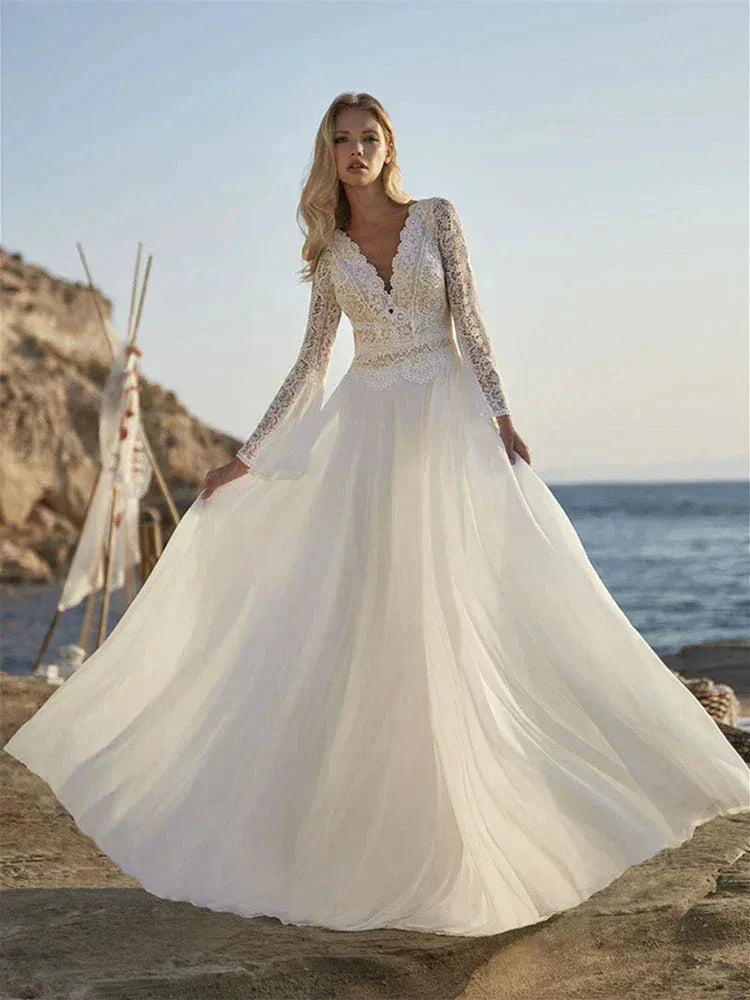 Bohemian A Line Chiffon Wedding Dresses 2024 V Neck Long Sleeve Lace Applique Backless For Women  Bridal Gown Vestidos De Novia
