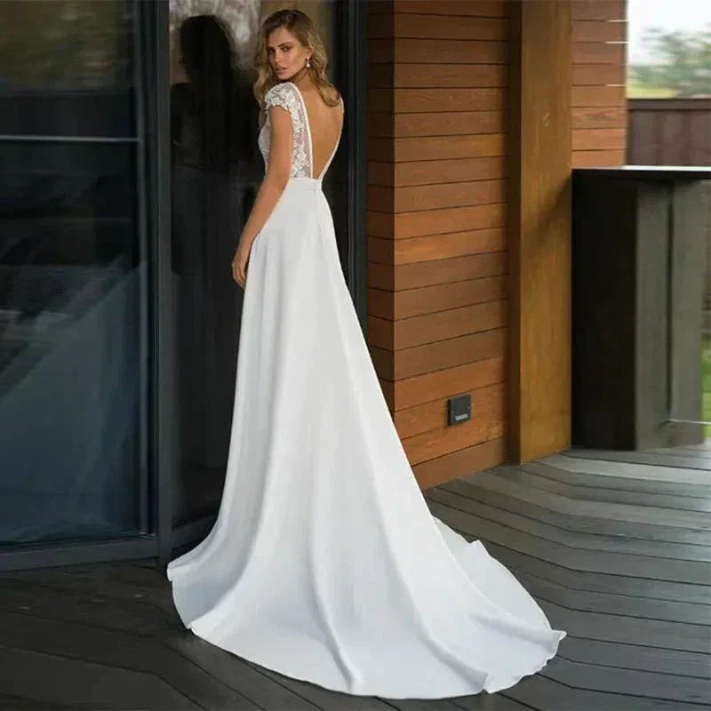 Bohemian Deep V-neck Bridal Dresses 2024 Elegant Lace Sticking Flora Back Chiffon Wedding Gowns De Mariée Customized Robe De